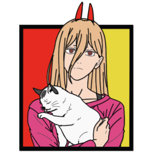 A 3D wood art piece of Power and her cat Meowy from Chainsaw Man, created from a layered SVG file.