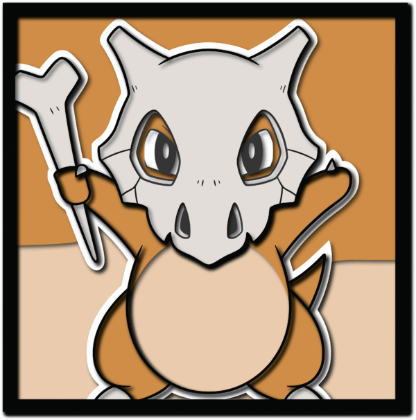 A 3D wood art piece of the Pokémon Cubone holding its bone club, created from a layered SVG file.